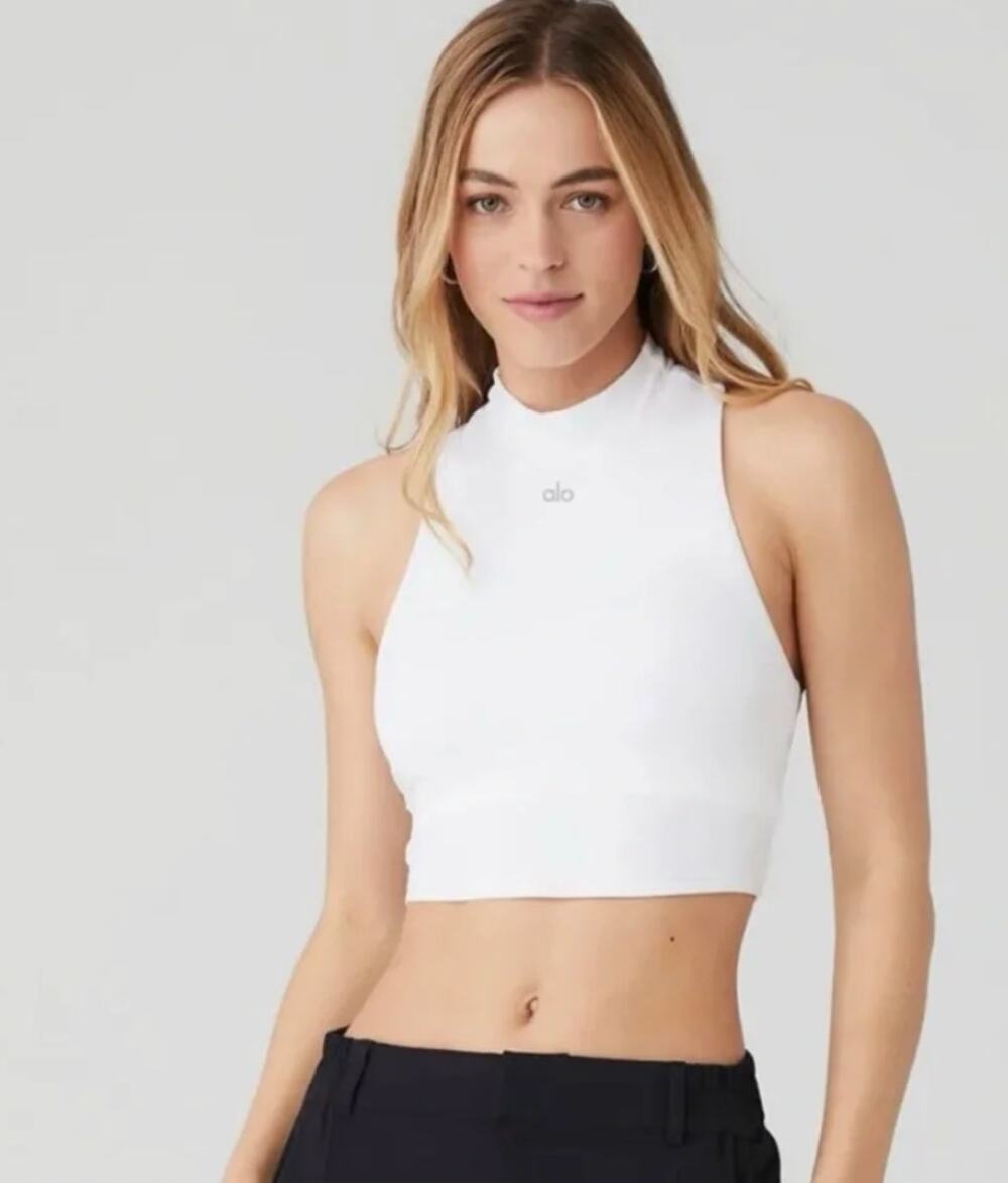 Alo Yoga Sports Bra Women Small High Neck Longline White Racerback Yoga Pilate